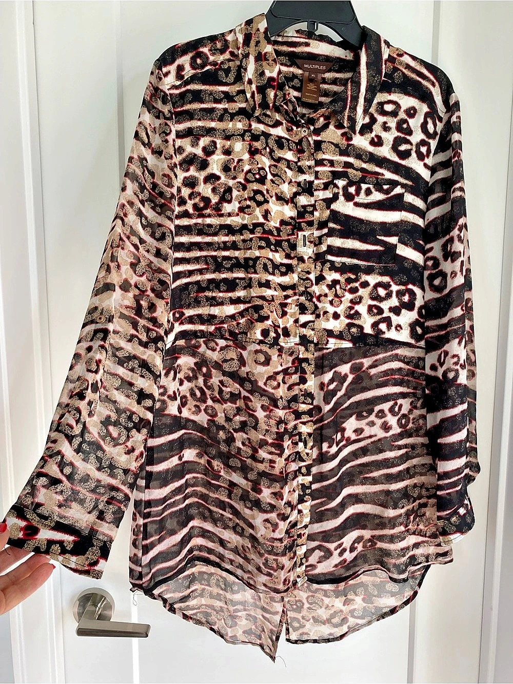 Multiples Animal Print Button Down in Black & Pink XL